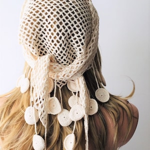 Bandana, Cream Hairband, Ivory Crochet Shawl, Cotton Triangle Wrap, Handmade Pareo, Free Shipping