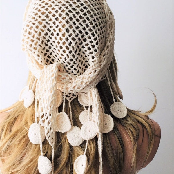 Bandana, Cream Hairband, Ivory Crochet Shawl, Cotton Triangle Wrap, Handmade Pareo, Free Shipping