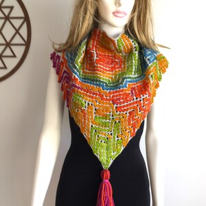 Colorful Green Tones Crochet Shawl, Wrap Scarf, Christmas Gift, Triangle Scarf with Tassel image 4