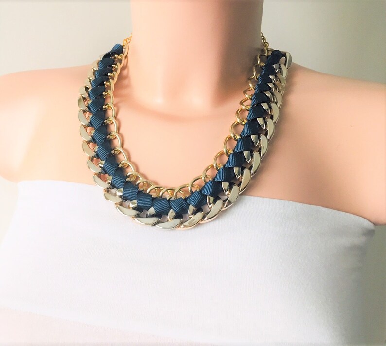 Statement Necklace Bib Necklace Chain and Ribbon Necklace-Dark Blue Ribbon Necklace