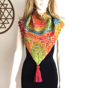 Colorful Green Tones Crochet Shawl, Wrap Scarf, Christmas Gift, Triangle Scarf with Tassel image 3