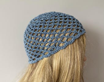 Blue Crochet Coton Mesh Hat: All Color Skull Cap, Netted Beanie, Handmade