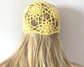 Yellow Crochet Cotton Motifs Hat All Color Skull Cap Circle Mesh Beanie