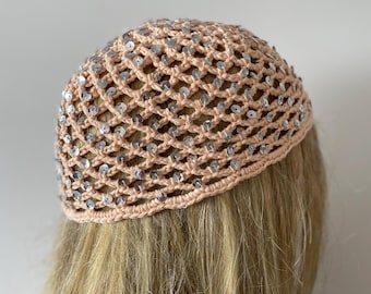 Crochet Peach Pastel Pink Mesh Hat: All Color Skull Cap, Netted Beanie, Handmade with sequins
