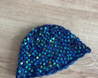 Dark Blue Crochet Mesh Hat, All Color Skull Cap, Netted Beanie, Handmade with sequins
