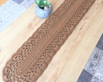 Golden Brown Table Runner, Crochet Oval Table Mat, Thick Yarn Buffet Runner, Coffee Table Mat