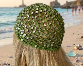 Crochet Green Mesh Hat, All Color Skull Cap, Netted Mesh Beanie, Handmade with sequins