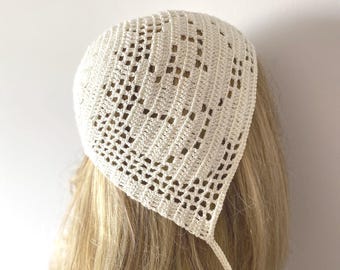Crochet Fashion Rose Lace Bonnet, Handmade with  embellishment, hood, juliet caps