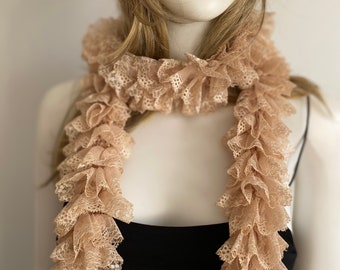 Tulle Lace Lariat, Long Beige Ruffles Scarf, Lace Long Scarf, Knitting Women Accessories