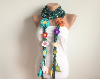 Flower Skinny Necklace, flower Lariat, Spring Crochet Scarf, Hippie Scarf, Colorful Lariat, Bohemian Design