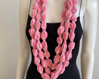 Pink Scarf Handmade, Bubble Candy Crochet  Scarf, Pink Lariat, Pinkish Skinny Scarf