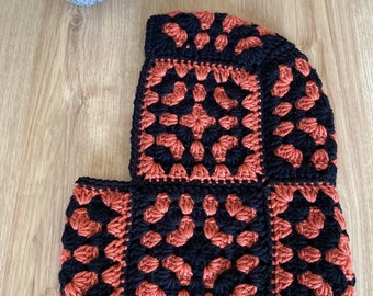 Black and Rust  Crochet Balaclava, Granny Squares Ski Mask, Wool Motifs Hat, Classic model of Balaclava