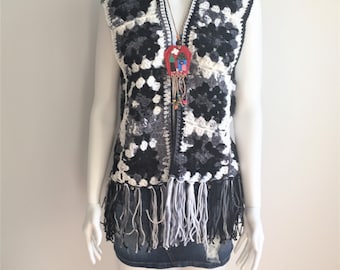 Oversized Black Gray Tones Granny Square Vest, Boho Crochet,Sweater, Festival Boho Top, Hippie Clothes, Crochet Vest