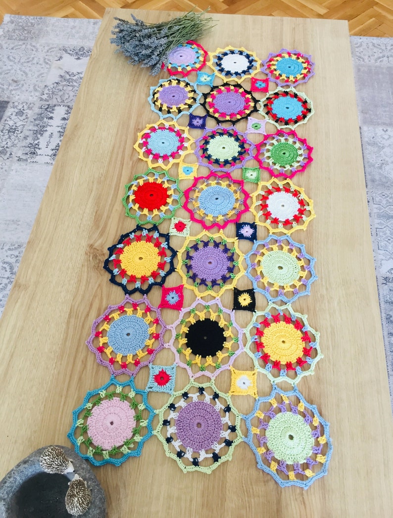 Colorful Table Runner, Crochet Table Mat, Cotton Buffet Runner, Coffee Table Mat, Circle Motifs