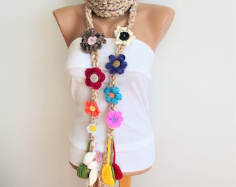 Flower Skinny Necklace, flower Lariat, Spring Crochet Scarf, Hippie Scarf, Colorful Lariat, Bohemian Design