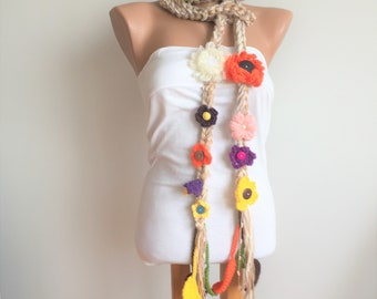 Flower Skinny Necklace, flower Lariat, Spring Crochet Scarf, Hippie Scarf, Colorful Lariat, Bohemian Design
