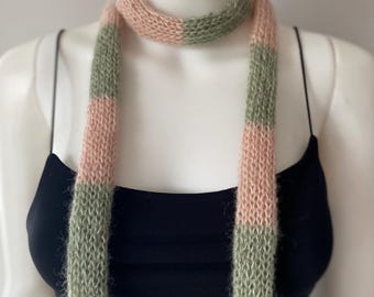 Skinny Striped Green and Pink Knitted Scarf: Bohemian Lariat, Fluffy Texture