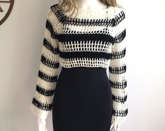 Ivory and Black Striped Cropped Mesh Top , Mohair FishNet Blouse, Long Sleeve Crop