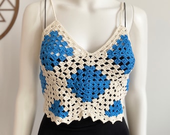 Halter top, bohemian Denim crochet halter crop, festival boho top