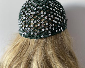 Crochet Emerald Green Sequins Hat – Boho Skull Cap, Netted Cotton, Handmade Festival Hat, Sequin Mesh Beanie