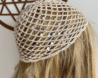 Crochet Sequins Hat – Boho Skull Cap, Netted Cotton, Handmade Festival Hat, Sequin Mesh Beanie