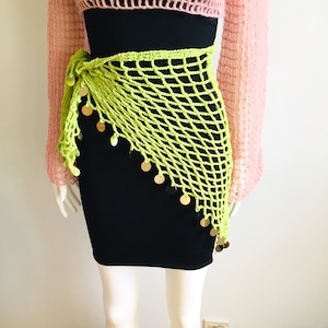 Mint Green Bandanas , Green Crochet Shawl, Cotton Triangle Wrap, Handmade Pareo with Sequins