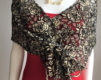 Rose Black and Gold French Lace Shawl, Black Shoulder Scarf, Gold Wrap, Night Shawl, Evening Dress Top, Bride Stole