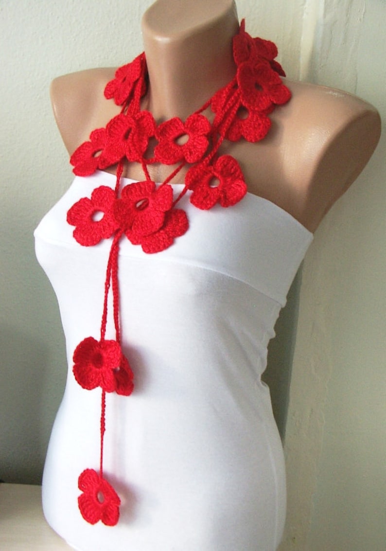 Handmade Crochet Red Flower Lariat Scarf Necklace Etsy