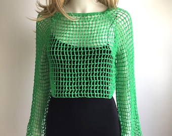 Apple Green Cropped Mesh Top , Cotton Green FishNet Blouse, Long Sleeve Crop