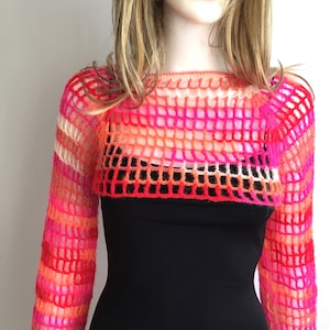 Pinkish Ombre Cropped Mesh Top , Mohair FishNet Blouse, Long Sleeve Crop
