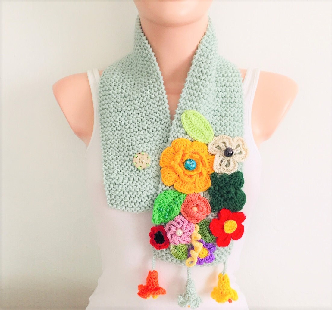 Flowers Knitting Wool Scarf Mint Green Colorful Floras - Etsy