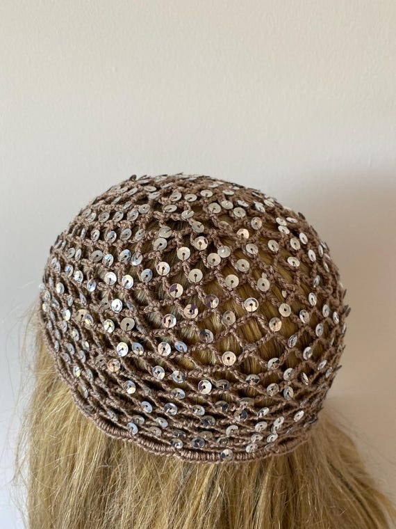 Formal Beanie Beaded Angora Skull Cap Faux Pearl Hat with Gold Lurex - Vintage Beige Mesh Beanie Hat With Sequins, Sparkly Beanie Net Hat  main image 3