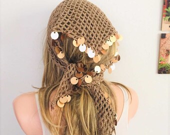 Beige Hairband, tan Brown Crochet Shawl, Cotton Triangle Wrap, Handmade Pareo with gold sequins