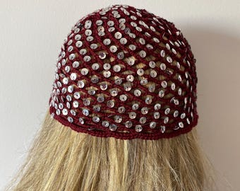 Dark Red Crochet Handmade Mesh Hat with sequins, Lightweight, Festival Beanie