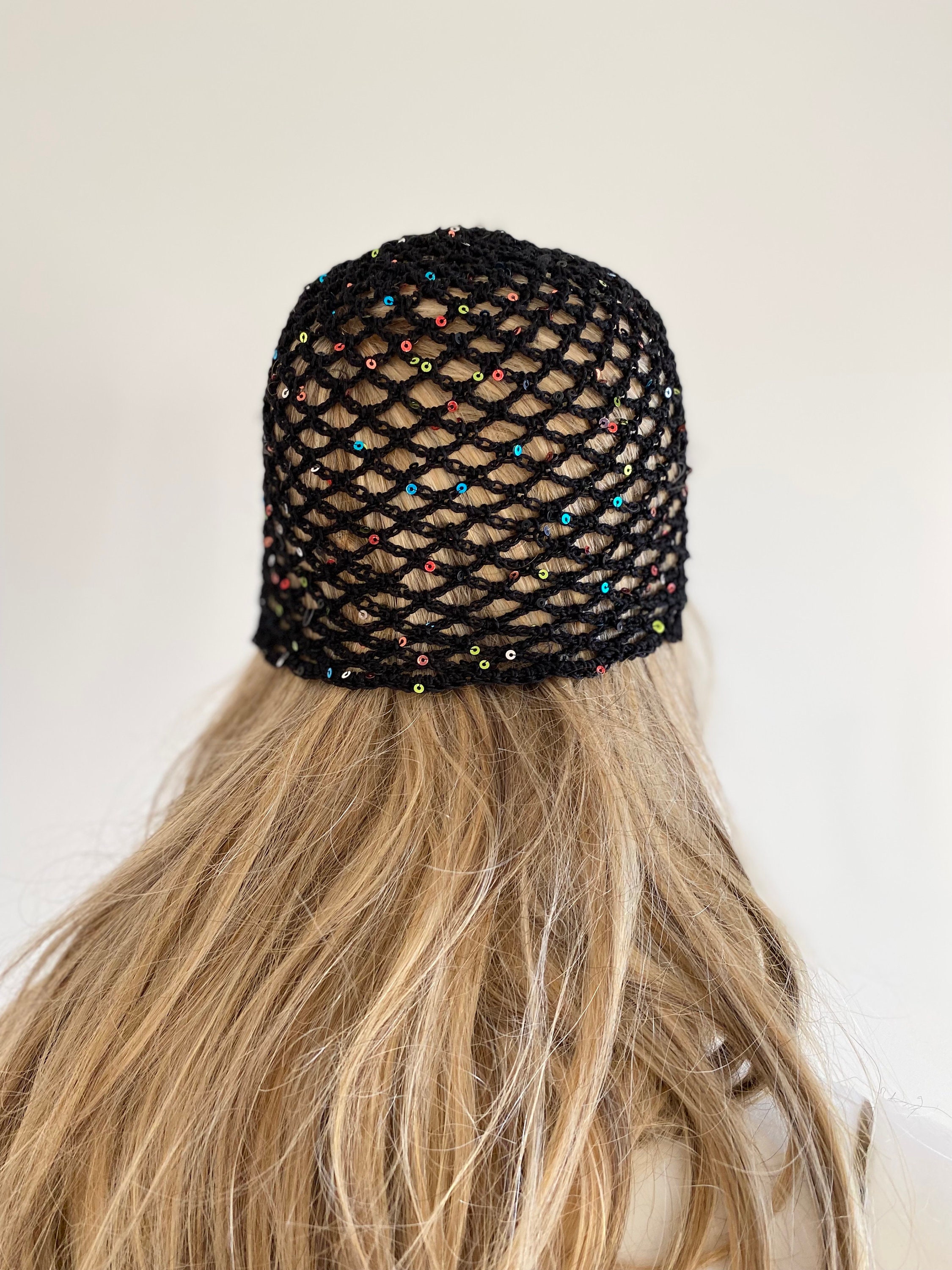 Crochet Black Mesh Hat, Skull Cap, Netted Beanie, Handmade With