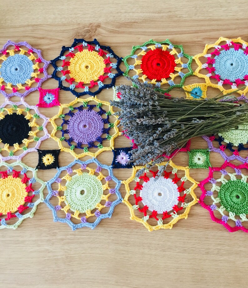 Colorful Table Runner, Crochet Table Mat, Cotton Buffet Runner, Coffee Table Mat, Circle Motifs