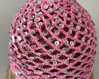 Crochet Sequins Hat – Boho Skull Cap, Netted Cotton, Handmade