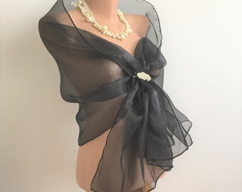 Black Organze Evening Wrap, Black organze  Shawl, Black Wrap, Night Shawl, Bridal Cover Up, Bridesmaid Gift