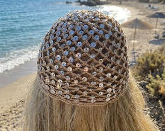 Beige Crochet Mesh Hat, All Color Skull Cap, Netted Beanie, Handmade with sequins