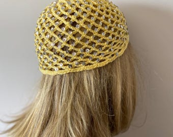 Crochet Yellow Mesh Hat, All Color Skull Cap, Netted Mesh Beanie, Handmade with sequins
