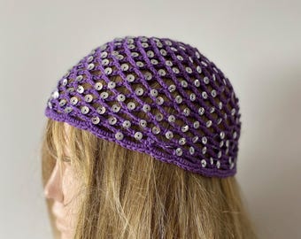 Crochet Purple Mesh Hat, Skull Cap, Netted Beanie, Handmade with sequins
