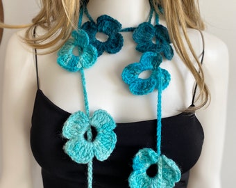 Flower Scarf, Handmade Crochet , Turquoise blue mix tones, Flower Lariat, Scarf, Necklace