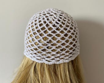 Crochet White Mesh Hat, Netted Beanie, Handmade Skull Cap with sequins