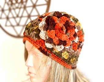 Chapeau au crochet ombre, chapeau coloré aux tons d’automne, chapeau carré grand-mère, cadeau pour elle, bonnet Boho