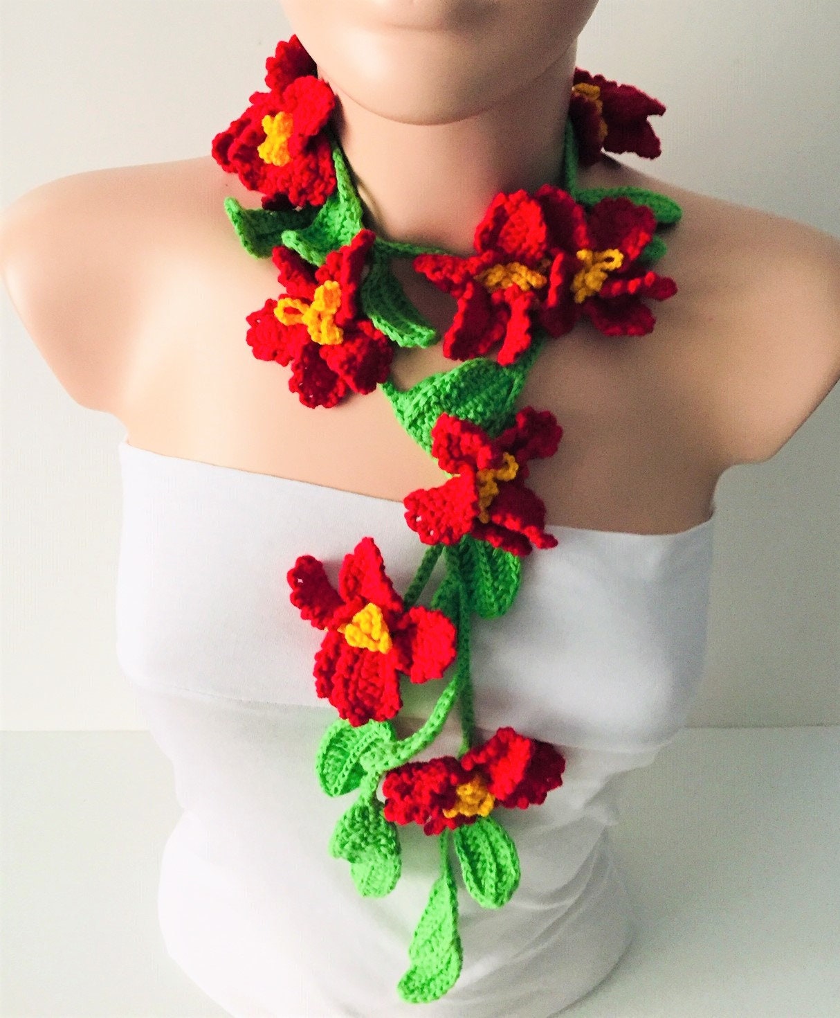 Red Flower Scarf, Handmade Crochet Scarf, Poinsettia Lariat, Flower ...