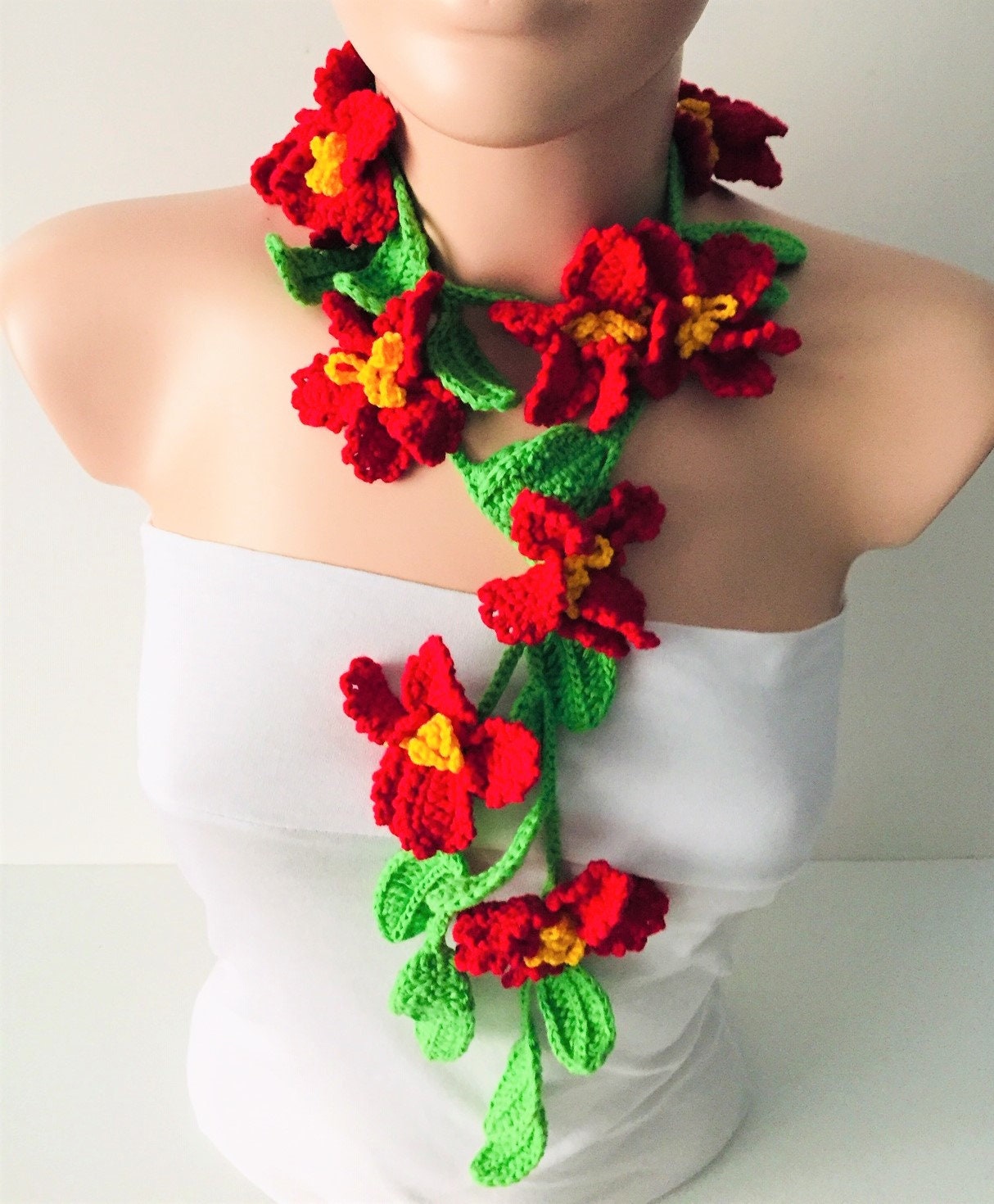 Red Flower Scarf, Handmade Crochet Scarf, Poinsettia Lariat, Flower