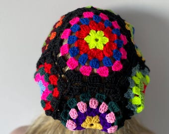 Handmade Crochet Granny Square Beret: Wool Acrylic Blend