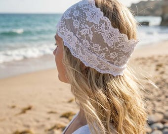 Stretch White Lace Headband, Wide Floral Boho Elastic Hair Band