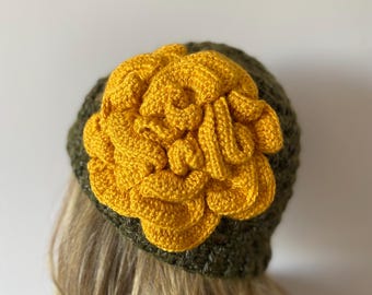 Big Roses Crochet Raindrop Beanie, Wool Mohair Boho hat with flowers