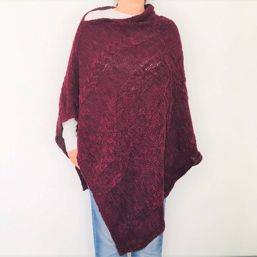 Dark Red Braid-Oversized shops Spring Poncho, Sewing Wine Red Shawl, Handmade, Braid Poncho